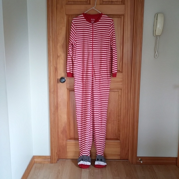 Nick & Nora One Piece Stripes Monkey Footed Pajama Medium Red White - Picture 7 of 16